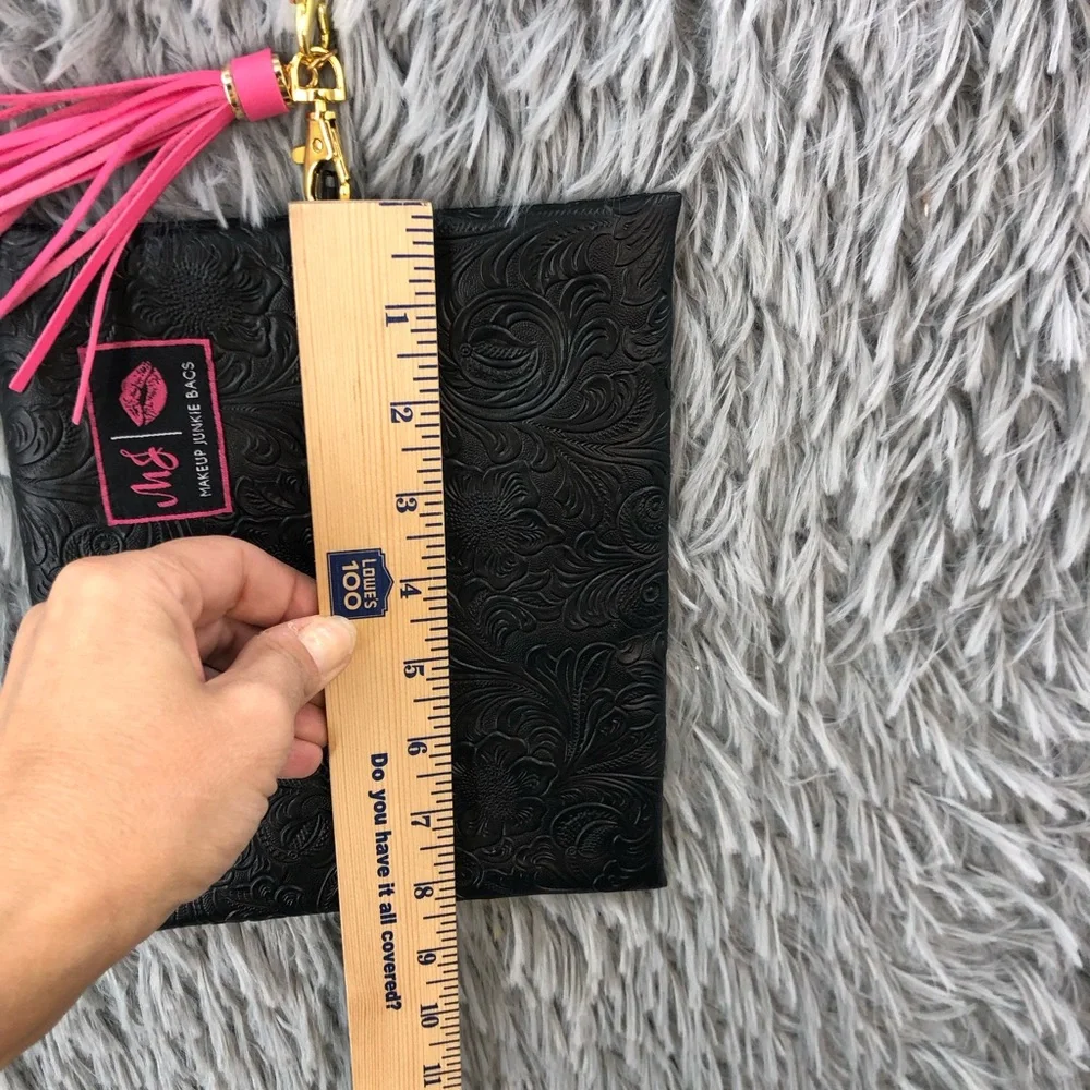 Makeup Junkie Bag Small Black Wristlet Embossed Tooled With Red Interior